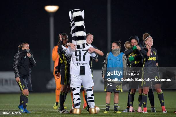 Juventus players celebrate with Jay during the match between Juventus Women and ASD Orobica on October 31, 2018 in Vinovo, Italy.