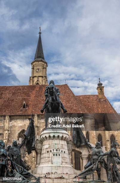 mathias rex statue in cluj napoca - cluj-napoca romania stock pictures, royalty-free photos & images