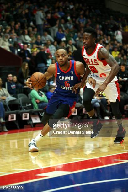 Bruce Brown of the Grand Rapids Drive handles the ball against the Windy City Bulls at The DeltaPlex Arena for the NBA G-League on NOVEMBER 16, 2018...