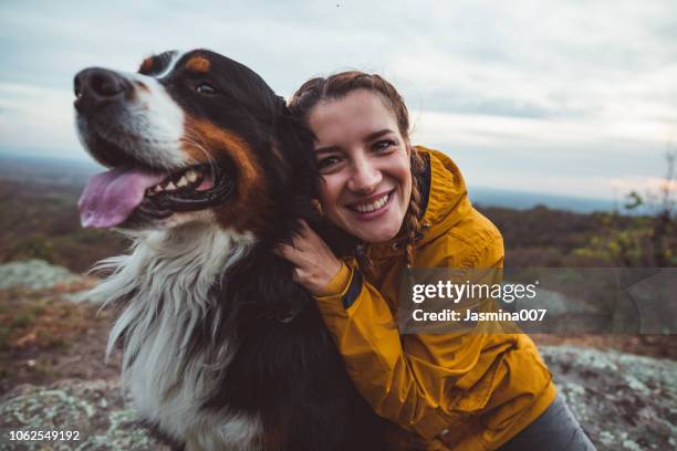 junge frau mit hund - bernhardiner stock-fotos und bilder