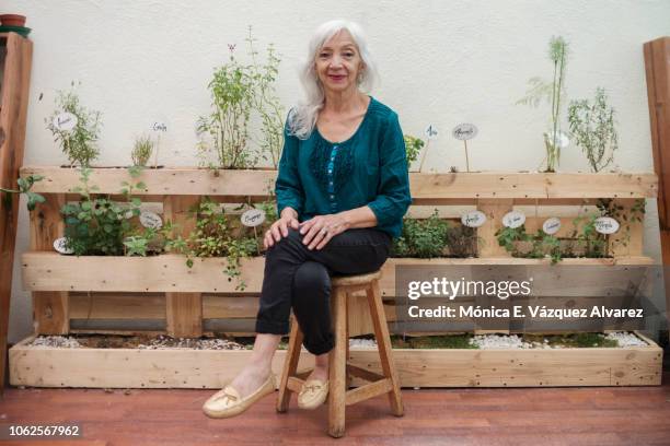 mature woman posing with a home garden - sorriso discreto imagens e fotografias de stock