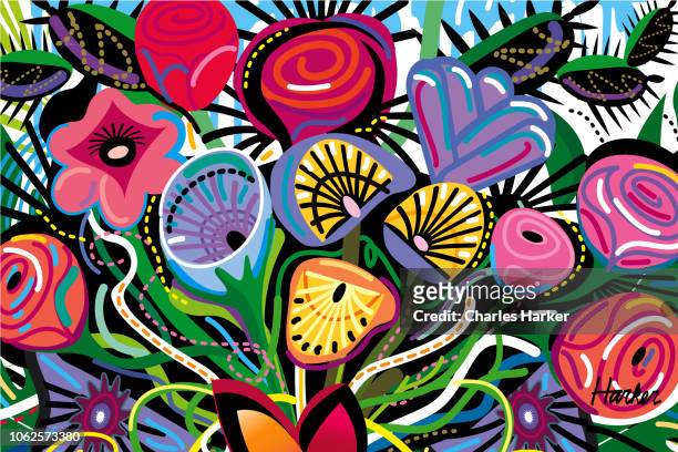all over blooming flowers bouquet in vivid color illustration - mexican flower pattern stock-fotos und bilder