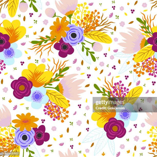 floral seamless pattern. delicate bouquets with orange, pink, blue flowers arranged to form a cheerful background for greeting cards and designs. - peonies background stock illustrations