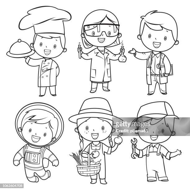 coloring book, professions kids set - kid chef stock illustrations