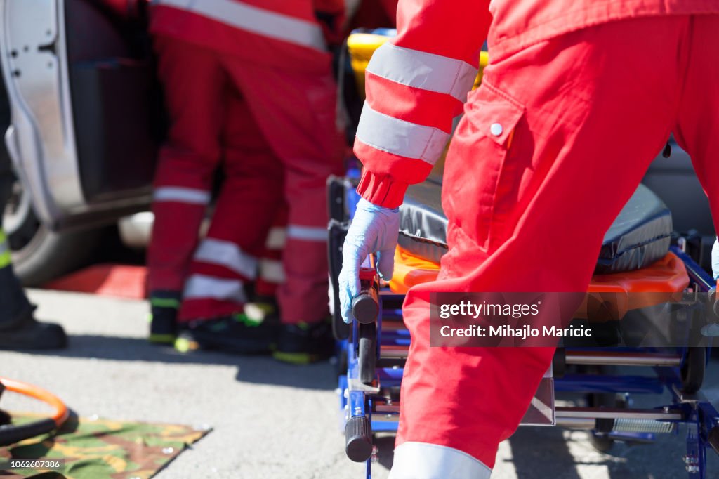 Paramedics in a rescue operation after road traffic accident