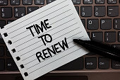 Text sign showing Time To Renew. Conceptual photo Continue the insurance acquired Life and property protection Notebook piece paper keyboard Inspiration ideas Type computer black marker.
