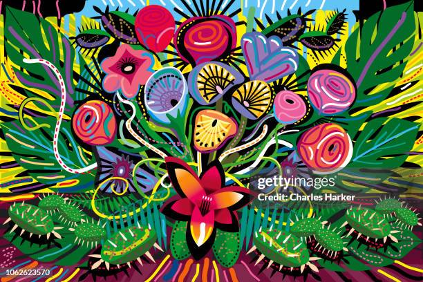 all over blooming flowers bouquet in vivid color illustration - guadalajara mexiko stock-fotos und bilder