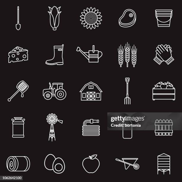 agriculture thin line outline icon set - apple picking stock illustrations