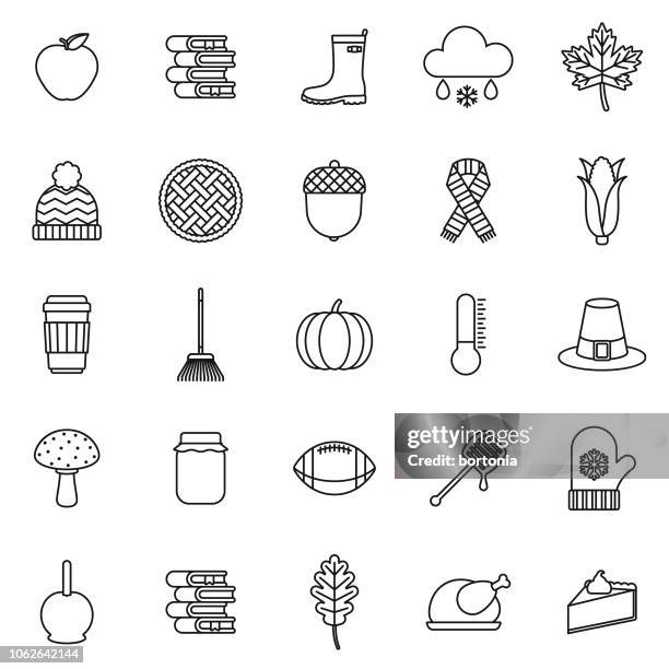 autumn thin line outline icon set - savoury food stock illustrations