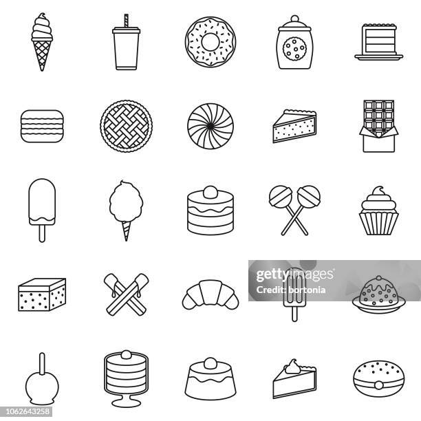 dessert thin line outline icon set - caramel apple stock illustrations