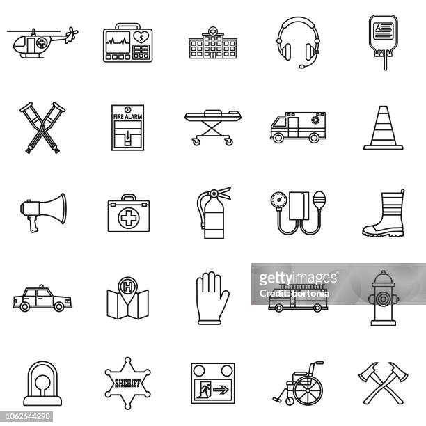 ilustrações de stock, clip art, desenhos animados e ícones de emergency services thin line outline icon set - corpo de bombeiros