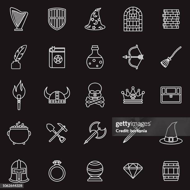 fantasy role playing games thin line outline icon set - cauldron stock illustrations