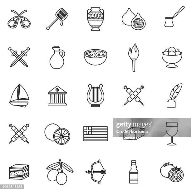 ilustraciones, imágenes clip art, dibujos animados e iconos de stock de conjunto de iconos de contorno de línea fina de grecia - calcio sport