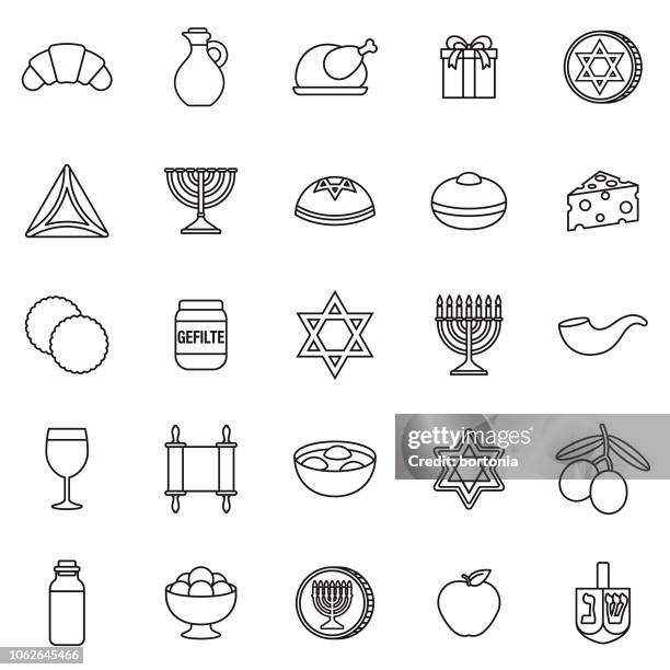 hanukkah thin line outline icon set - matzo ball soup stock illustrations