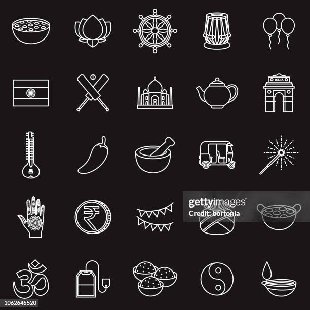 india thin line outline icon set - rickshaw stock illustrations