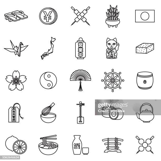 japan thin line outline icon set - japanese flag stock illustrations