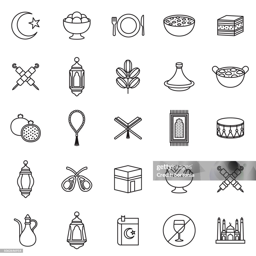 Ramadan Thin Line Outline Icon Set