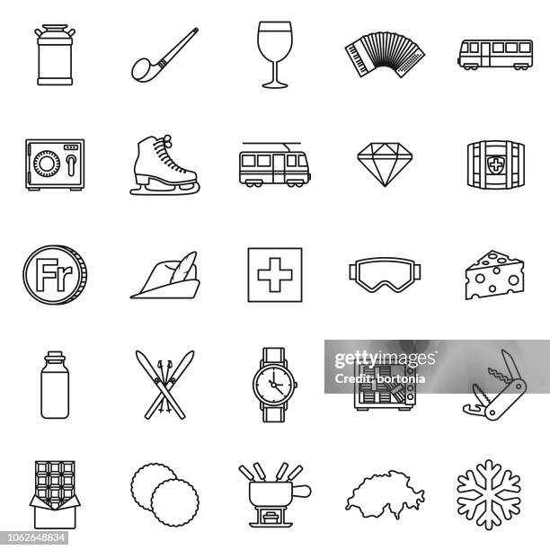 schweiz-dünne linie-gliederung-icon-set - milchprodukte stock-grafiken, -clipart, -cartoons und -symbole