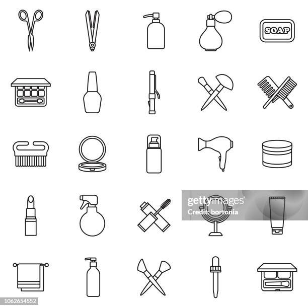 ilustraciones, imágenes clip art, dibujos animados e iconos de stock de conjunto de iconos de belleza delgada línea contorno - perfume