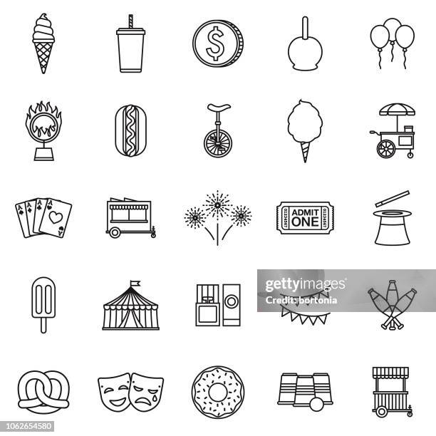 carnival thin line outline icon set - stunt stock illustrations