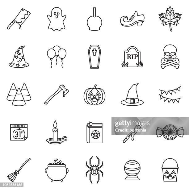 halloween thin line outline icon set - candy apples stock illustrations