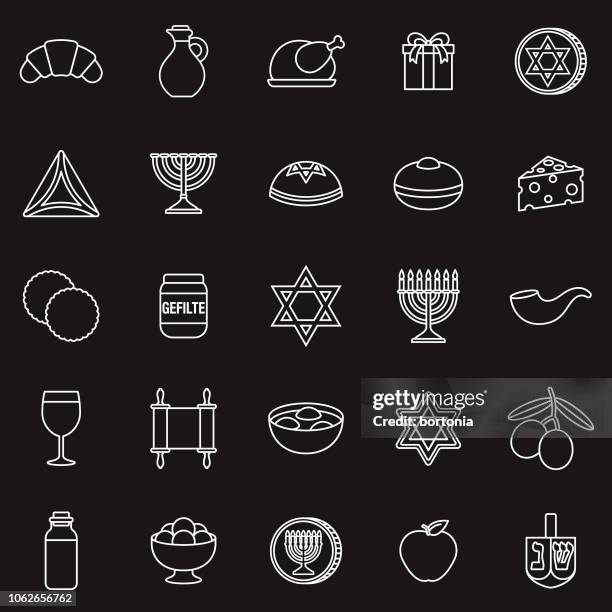 hanukkah thin line outline icon set - dreidel stock illustrations