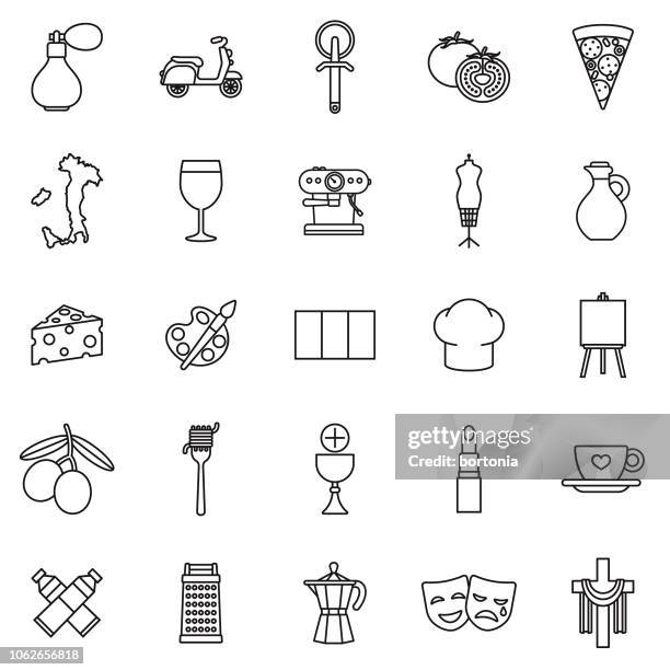 ilustraciones, imágenes clip art, dibujos animados e iconos de stock de conjunto de iconos de contorno de línea fina de italia - símbolo religioso