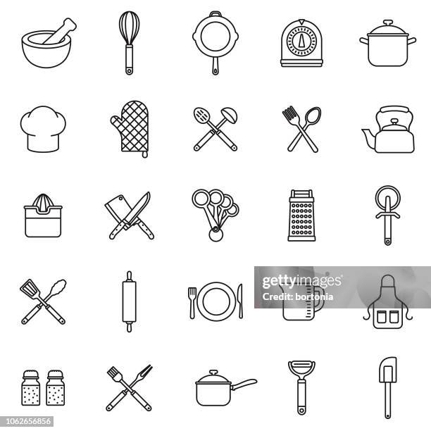 kitchen tools thin line outline icon set - oven mitt stock illustrations