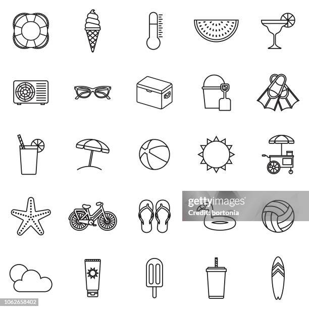 sommer dünne linie umriss-icon-set - shovel stock-grafiken, -clipart, -cartoons und -symbole