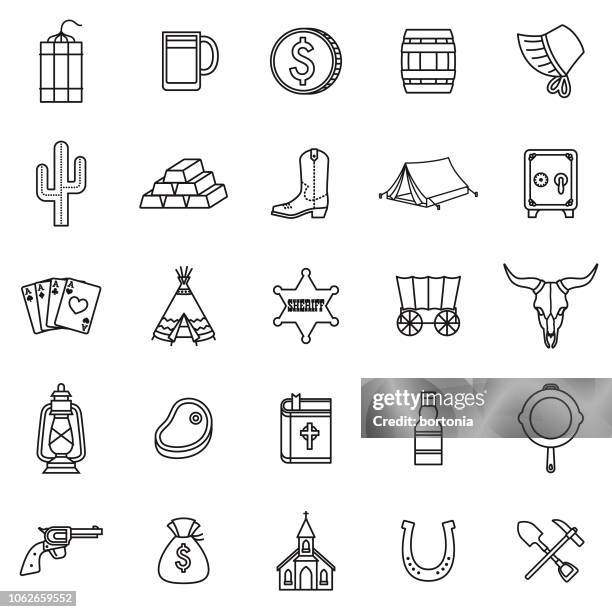 ilustrações, clipart, desenhos animados e ícones de conjunto de ícones de contorno oeste selvagem linha fina - cowboy hat