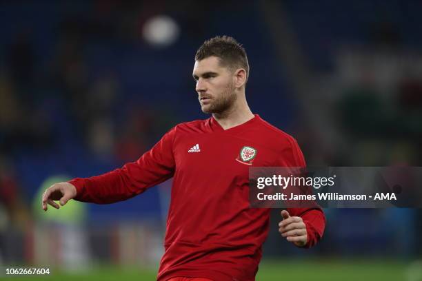 Sam Vokes of Wales during the UEFA Nations League B group four match between Wales and Denmark at Cardiff City Stadium on November 16, 2018 in...