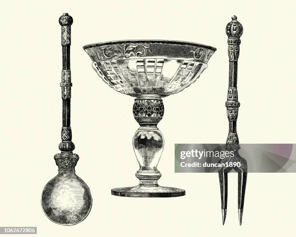 victorian jeweled tasse, löffel und gabel, 19. jahrhundert - löffel stock-grafiken, -clipart, -cartoons und -symbole