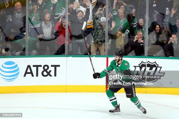 Jason Dickinson of the Dallas Stars celebrates after scoring the game winning goal against the Boston Bruins in over time at American Airlines Center...