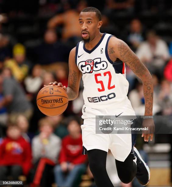 Jordan McRae of the Capital City Go-Go brings the ball up court against the Wisconsin Herd during the third quarter of an NBA G-League game on...