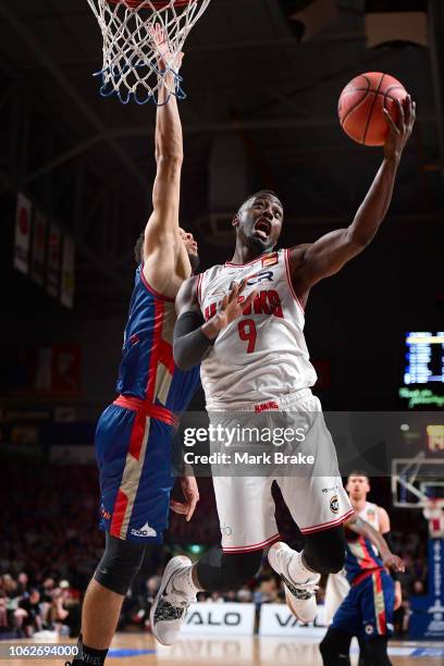 Cedric Jackson of the Illawarra Hawks makes a basket during the round six NBL match between the Adelaide 36ers and the Illawarra Hawks at Titanium...