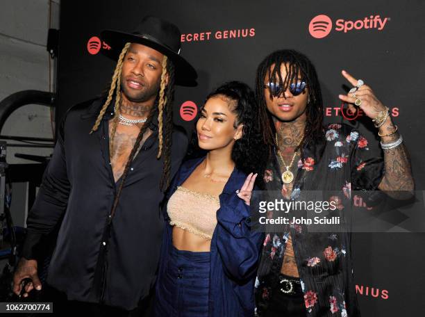 Ty Dolla Sign, Jhene Aiko, and Swae Lee attend Spotify's Secret Genius Awards Hosted By NE-YO at The Theatre at Ace Hotel on November 16, 2018 in Los...