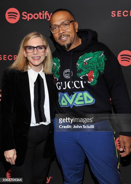 Spotify Chief Content Officer Dawn Ostroff and Timbaland attend Spotify's Secret Genius Awards hosted by NE-YO at The Theatre at Ace Hotel on...