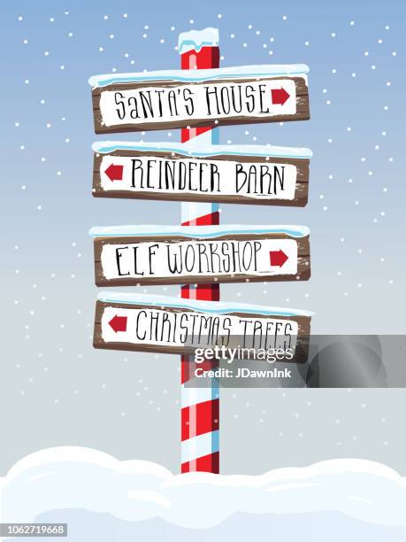 christmas themed wooden winter sign with hand lettered text - pole stock illustrations