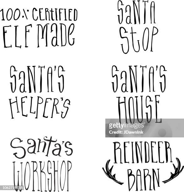 set of hand lettered christmas text phrases in black and white - elf workshop stock illustrations