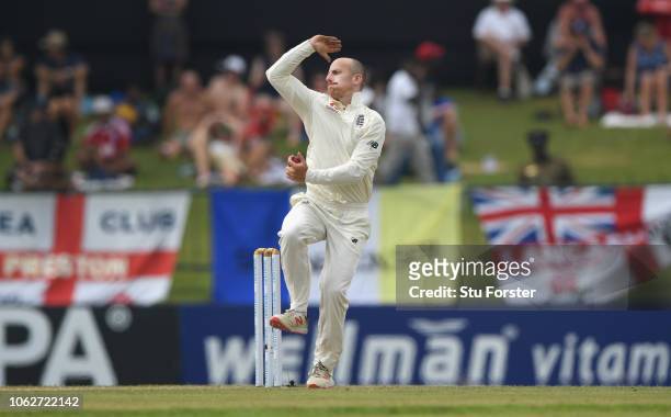England bowler Jack Leach in action during Day Four of the Second Test match between Sri Lanka and England at Pallekele Cricket Stadium on November...