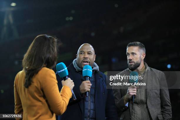 John Barnes and Matthew Upson working as television pundits for ITV Sport during the International Friendly between Brazil and Uruguay at Emirates...