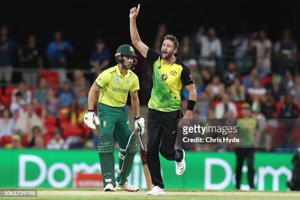 Andrew Tye of Australia celebrates dismissing Chris Morris of South Africa during the International Twenty20 match between Australia and South Africa...