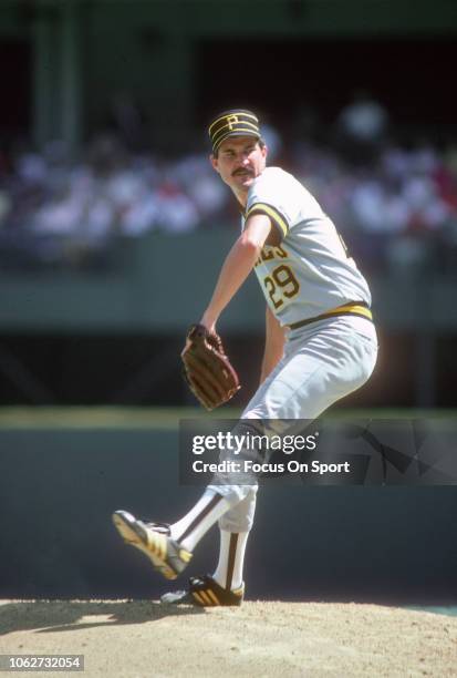 Rick Rhoden of the Pittsburgh Pirates pitches against the Philadelphia Phillies during a Major League Baseball game circa 1985 at Veterans Stadium in...