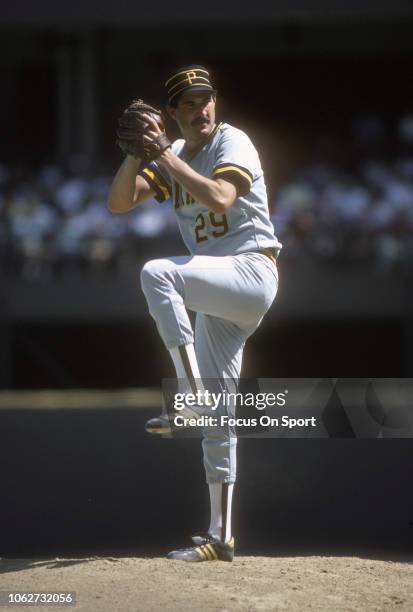 Rick Rhoden of the Pittsburgh Pirates pitches against the Philadelphia Phillies during a Major League Baseball game circa 1985 at Veterans Stadium in...