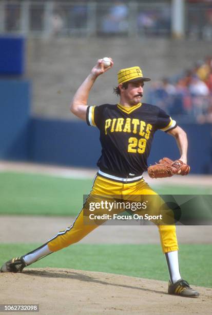 Rick Rhoden of the Pittsburgh Pirates pitches against the New York Mets during a Major League Baseball game circa 1985 at Shea Stadium in the Queens...