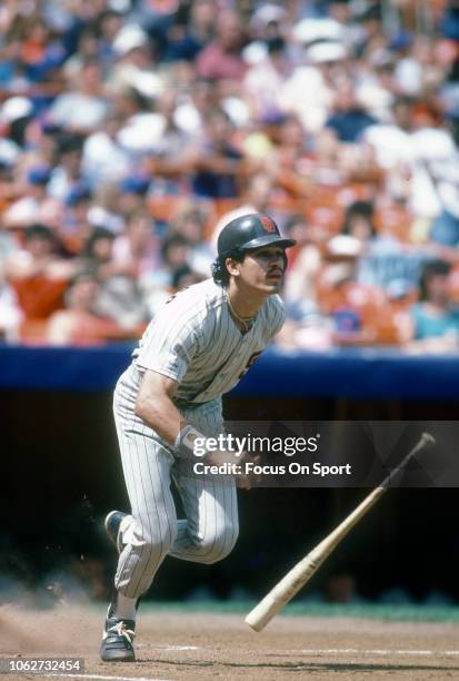 Benito Santiago of the San Padres bats against the New York Mets during an Major League Baseball game circa 1988 at Shea Stadium in the Queens...