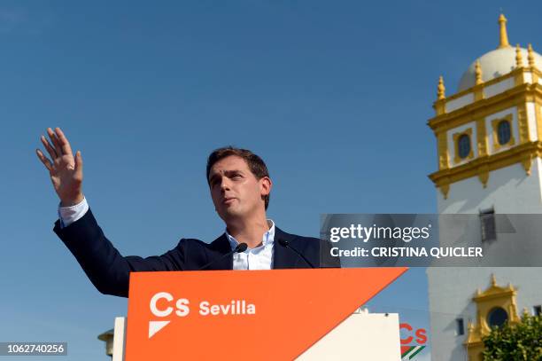 Ciudadanos party leader Albert Rivera speaks during a campaign meeting in Seville to support their canditade for regional elections in Andalusia on...