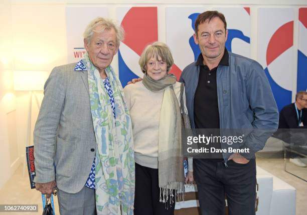 Sir Ian McKellen, Dame Maggie Smith and Jason Isaacs pose in the Lacoste VIP Lounge during Semi-Final Day of the 2018 Nitto ATP World Tour Tennis...