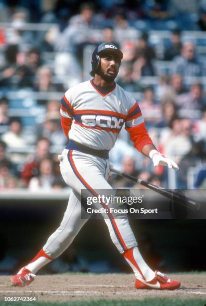 Harold Baines of the Chicago White Sox bats against the New York Yankees during an Major League Baseball game circa 1982 at Yankee Stadium in the...