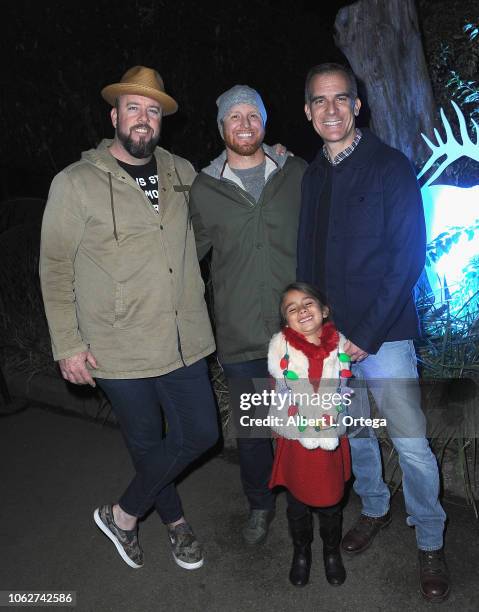 Chris Sullivan, Justin Turner, Eric Garcetti and Maya Garcetti attend the LA Zoo's "Turning On The Holiday Lights" Ceremony held at Los Angeles Zoo...